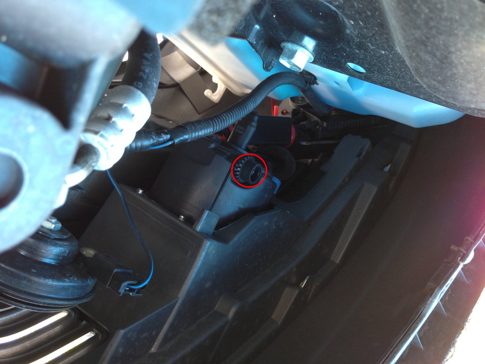 Passenger side fog light. The adjuster is circled.